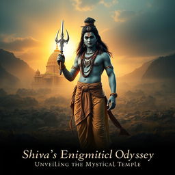 In a mystical landscape, Lord Shiva stands majestically in front of a vast, rocky terrain