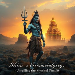 In a mystical landscape, Lord Shiva stands majestically in front of a vast, rocky terrain