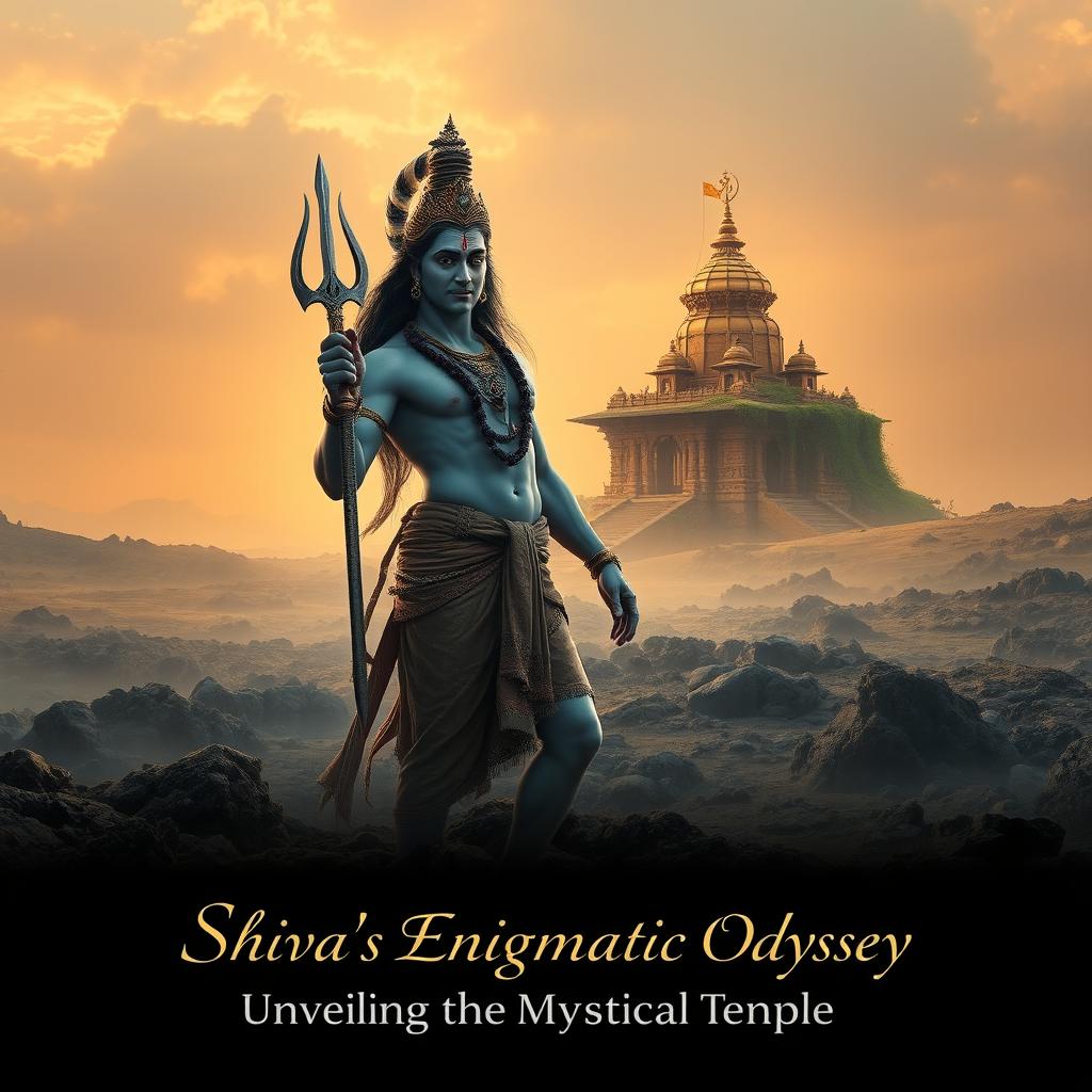 In a mystical landscape, Lord Shiva stands majestically in front of a vast, rocky terrain