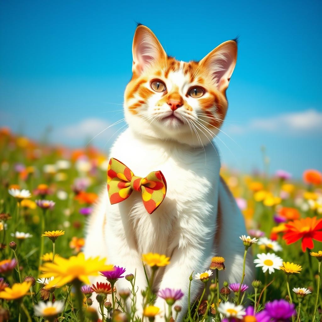 charming cat wearing a colorful bow tie, sitting gracefully in a field of wildflowers, sunny day with a clear blue sky, vibrant and cheerful atmosphere