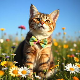 charming cat wearing a colorful bow tie, sitting gracefully in a field of wildflowers, sunny day with a clear blue sky, vibrant and cheerful atmosphere