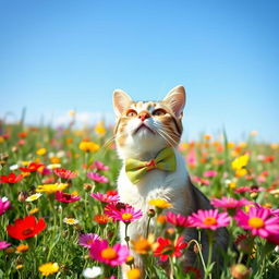 charming cat wearing a colorful bow tie, sitting gracefully in a field of wildflowers, sunny day with a clear blue sky, vibrant and cheerful atmosphere