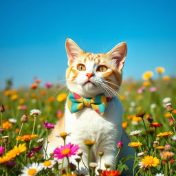 charming cat wearing a colorful bow tie, sitting gracefully in a field of wildflowers, sunny day with a clear blue sky, vibrant and cheerful atmosphere