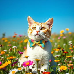 charming cat wearing a colorful bow tie, sitting gracefully in a field of wildflowers, sunny day with a clear blue sky, vibrant and cheerful atmosphere