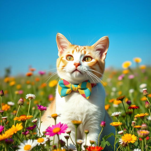 charming cat wearing a colorful bow tie, sitting gracefully in a field of wildflowers, sunny day with a clear blue sky, vibrant and cheerful atmosphere