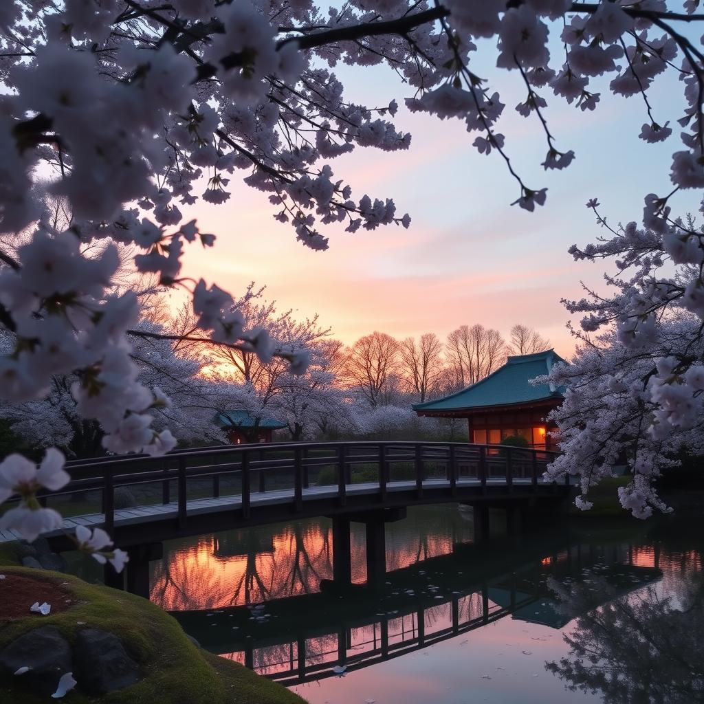 A scenic view of a tranquil Japanese garden at dusk, featuring a beautifully crafted wooden bridge over a serene pond