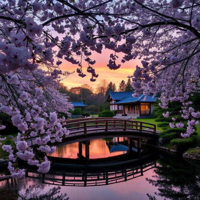 A scenic view of a tranquil Japanese garden at dusk, featuring a beautifully crafted wooden bridge over a serene pond