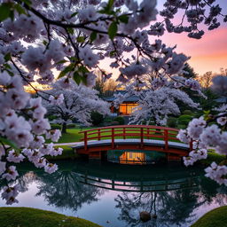 A scenic view of a tranquil Japanese garden at dusk, featuring a beautifully crafted wooden bridge over a serene pond