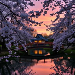 A scenic view of a tranquil Japanese garden at dusk, featuring a beautifully crafted wooden bridge over a serene pond