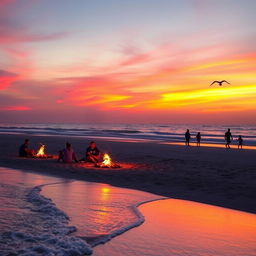 A serene beach scene under a vibrant sunset, where the sky is painted in hues of orange, pink, and purple