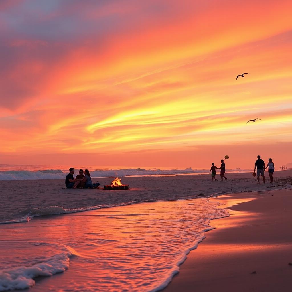 A serene beach scene under a vibrant sunset, where the sky is painted in hues of orange, pink, and purple