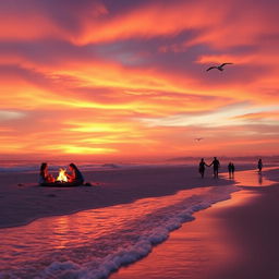 A serene beach scene under a vibrant sunset, where the sky is painted in hues of orange, pink, and purple