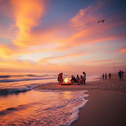 A serene beach scene under a vibrant sunset, where the sky is painted in hues of orange, pink, and purple