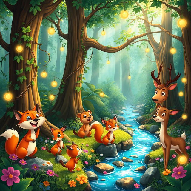 A whimsical forest scene featuring a variety of vibrant, cartoonish animals gathering around a sparkling stream