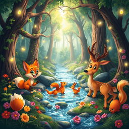 A whimsical forest scene featuring a variety of vibrant, cartoonish animals gathering around a sparkling stream