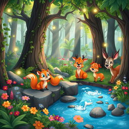 A whimsical forest scene featuring a variety of vibrant, cartoonish animals gathering around a sparkling stream