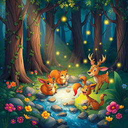 A whimsical forest scene featuring a variety of vibrant, cartoonish animals gathering around a sparkling stream