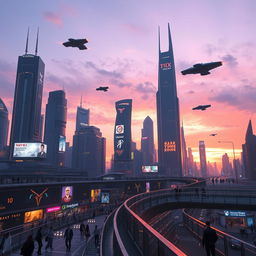 A stunning futuristic cityscape at twilight, showcasing skyscrapers with neon lights, flying cars zipping through the sky, and a bustling street life below