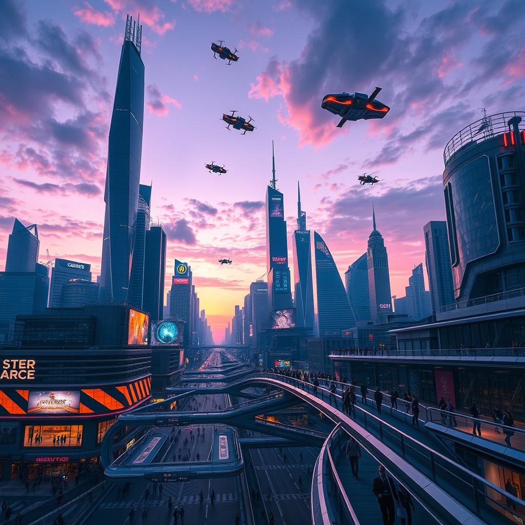 A stunning futuristic cityscape at twilight, showcasing skyscrapers with neon lights, flying cars zipping through the sky, and a bustling street life below