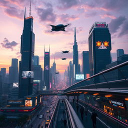 A stunning futuristic cityscape at twilight, showcasing skyscrapers with neon lights, flying cars zipping through the sky, and a bustling street life below