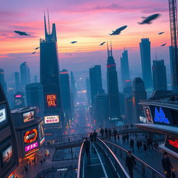 A stunning futuristic cityscape at twilight, showcasing skyscrapers with neon lights, flying cars zipping through the sky, and a bustling street life below