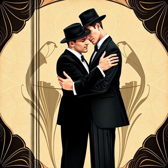 A captivating book cover design portraying two elegant men from the 1920s tenderly embracing each other