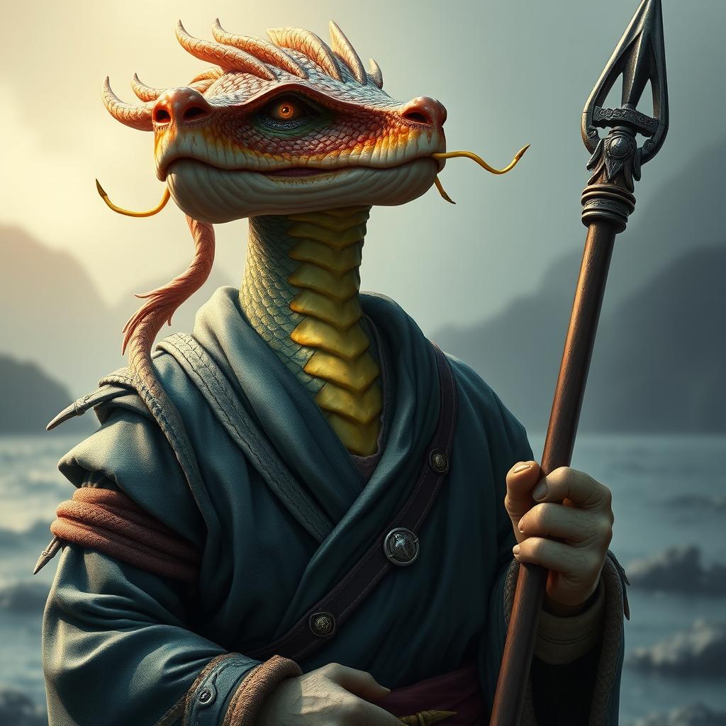 A stunning portrait of a male topaz dragonborn with unique carp whiskers, embodying a harpoon fisher's spirit