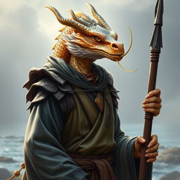 A stunning portrait of a male topaz dragonborn with unique carp whiskers, embodying a harpoon fisher's spirit