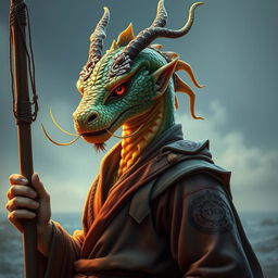 A stunning portrait of a male topaz dragonborn with unique carp whiskers, embodying a harpoon fisher's spirit