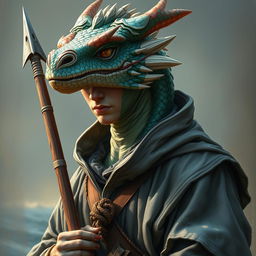 A captivating portrait of a male dragon humanoid with striking topaz scales, embodying the essence of a harpoon fisher