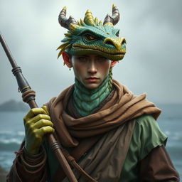 A captivating portrait of a male dragon humanoid with striking topaz scales, embodying the essence of a harpoon fisher