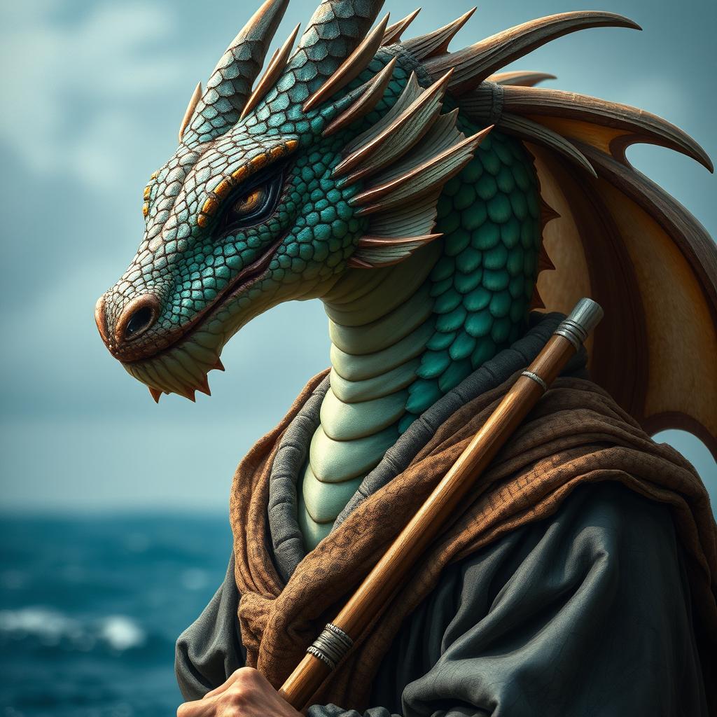 A captivating portrait of a male dragon humanoid with striking topaz scales, embodying the essence of a harpoon fisher