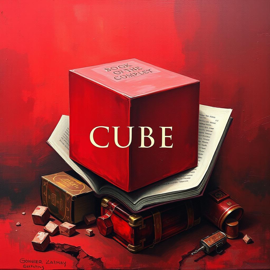 An artistic oil painting of a red cube and a book, entangled and folded into a landscape-like composition