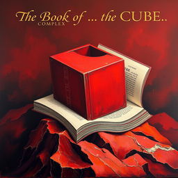 An artistic oil painting of a red cube and a book, entangled and folded into a landscape-like composition