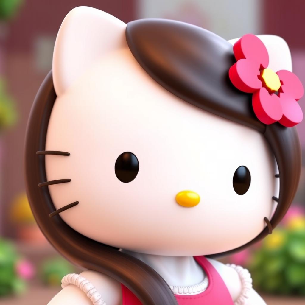 A 3D rendering of Hello Kitty with long, straight, dark brown hair and a side fringe to the right