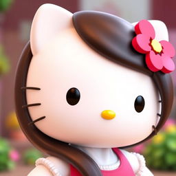 A 3D rendering of Hello Kitty with long, straight, dark brown hair and a side fringe to the right