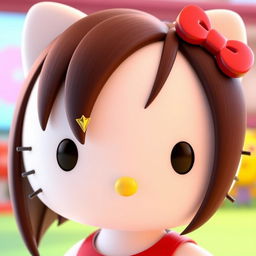 A 3D rendering of Hello Kitty with long, straight, dark brown hair and a side fringe to the right