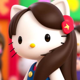 A 3D rendering of Hello Kitty with long, straight, dark brown hair and a side fringe to the right