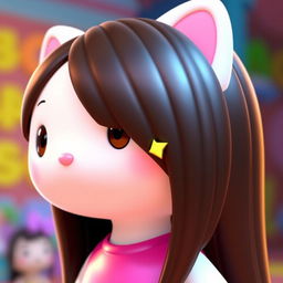 A 3D rendering of Hello Kitty with long, straight, dark brown hair and a side fringe to the right