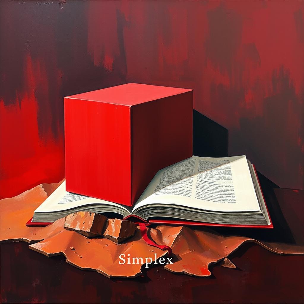 An artistic oil painting of a red cube and a book, entangled and folded into a landscape-like composition