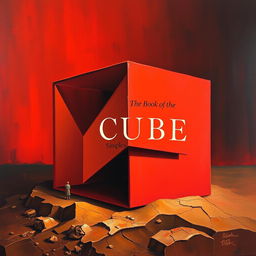 An artistic oil painting of a red cube and a book, entangled and folded into a landscape-like composition