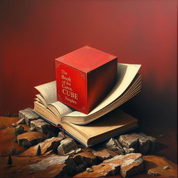 An artistic oil painting of a red cube and a book, entangled and folded into a landscape-like composition