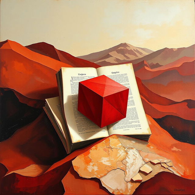 An artistic oil painting of a red cube and a book, entangled and folded into a landscape-like composition