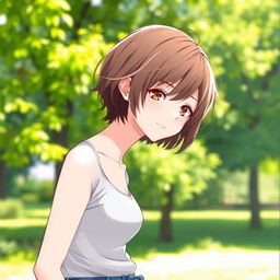 A girl with short brown hair and a slender figure, standing gracefully