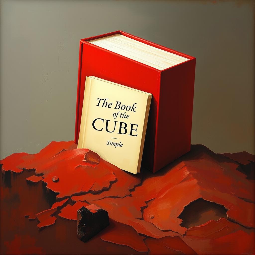 An artistic oil painting of a red cube and a book, entangled and folded into a landscape-like composition