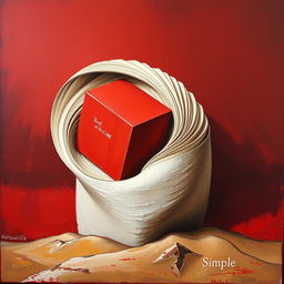 An artistic oil painting of a red cube and a book, entangled and folded into a landscape-like composition