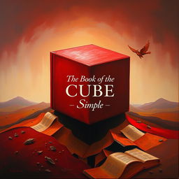 An artistic oil painting of a red cube and a book, entangled and folded into a landscape-like composition