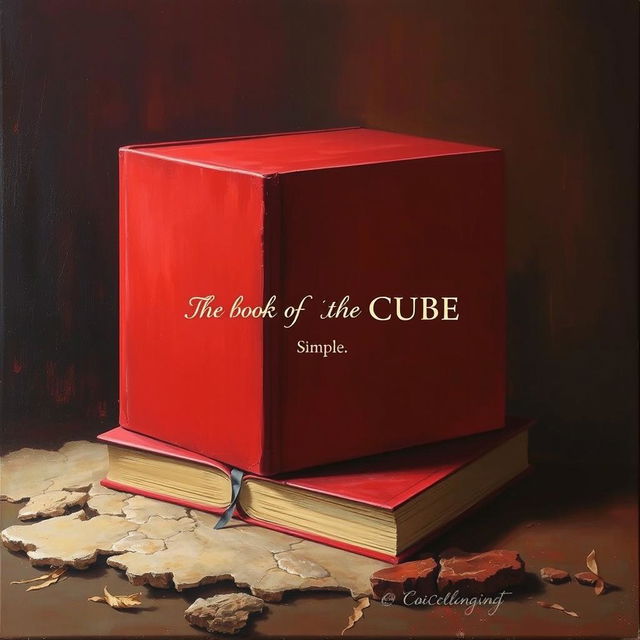 An artistic oil painting of a red cube and a book, entangled and folded into a landscape-like composition