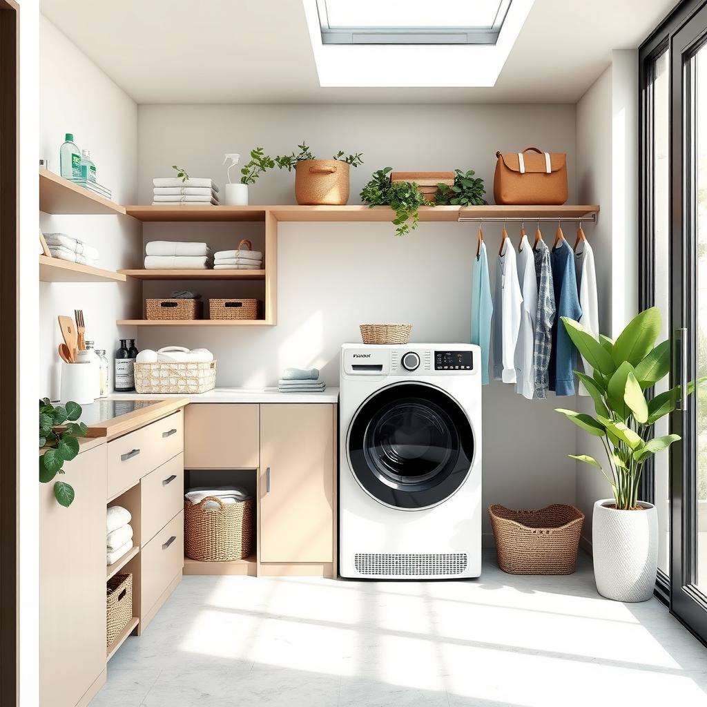 Design a functional and stylish laundry and drying area in a modern home