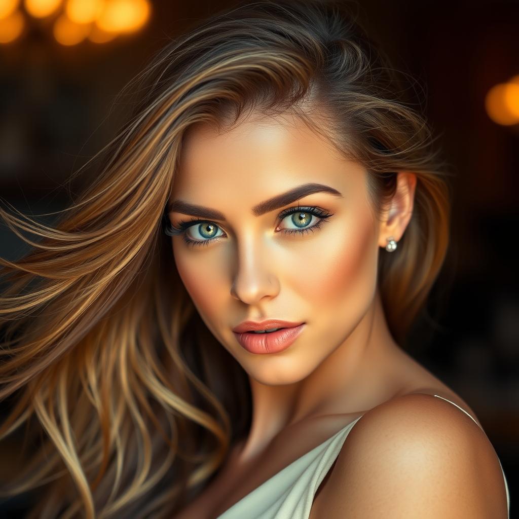 A striking portrait of a confident, attractive woman with mesmerizing eyes and flowing hair, exuding charm and allure